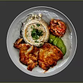 Grilled Chicken Breast With Rice Diced Tomatoes Avocado And Green Garnish On White Plate