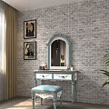 Light Blue Dressing Table With Mirror Floral Stool And Decorative Paintings Against Brick Wall