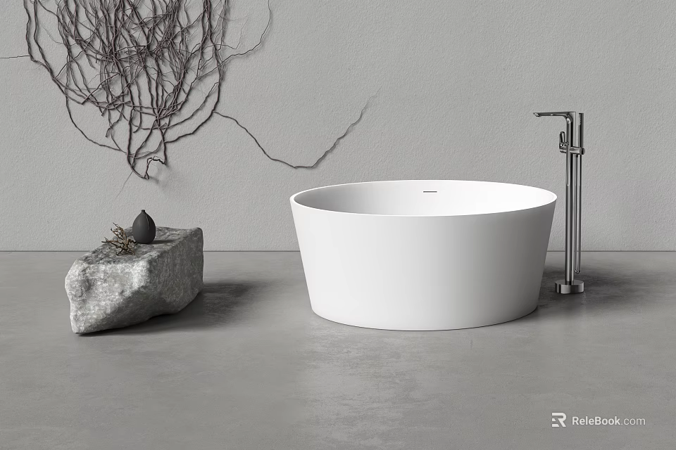Elegant White Freestanding Bathtub With Silver Faucet Stone Decoration And Twigs On Gray Floor 3d model 