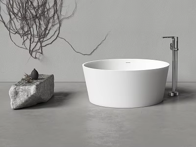 Elegant White Freestanding Bathtub With Silver Faucet Stone Decoration And Twigs On Gray Floor 3d model