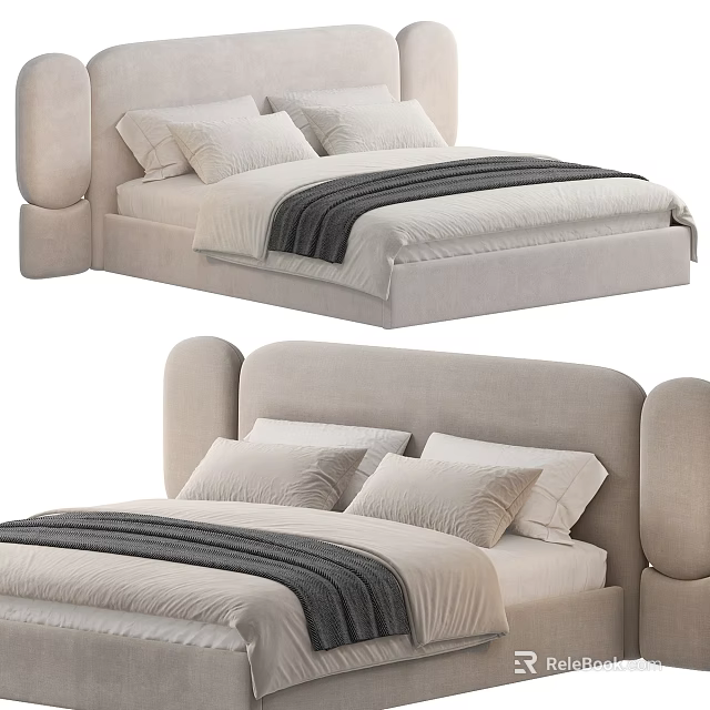 Modern Upholstered Double Bed With Curved Headboard Beige Fabric And Soft Pillows Throw Blanket 3d model 