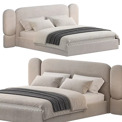 Modern Upholstered Double Bed With Curved Headboard Beige Fabric And Soft Pillows Throw Blanket 3d model