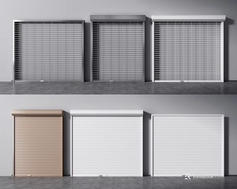 Modern Roller Shutters Collection With Gray Grid And Brown White Slatted Designs 3d model 