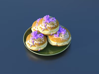 Three Freshly Baked Muffins on Green Plate with White Icing and Purple Sprinkles 3d model