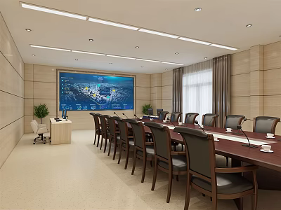 Modern Conference Room Featuring Long Table Multiple Chairs Large Screen Curtains And Indoor Plants 3d model