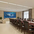 Modern Conference Room Featuring Long Table Multiple Chairs Large Screen Curtains And Indoor Plants