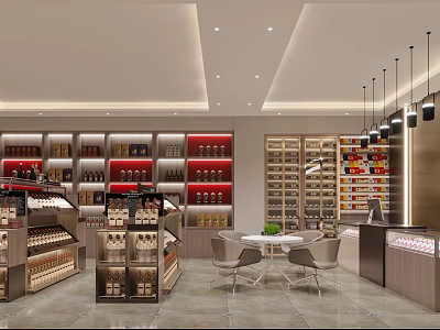 Modern Liquor Store Interior With Organized Shelves Wine Bottles And Seating Area 3d model