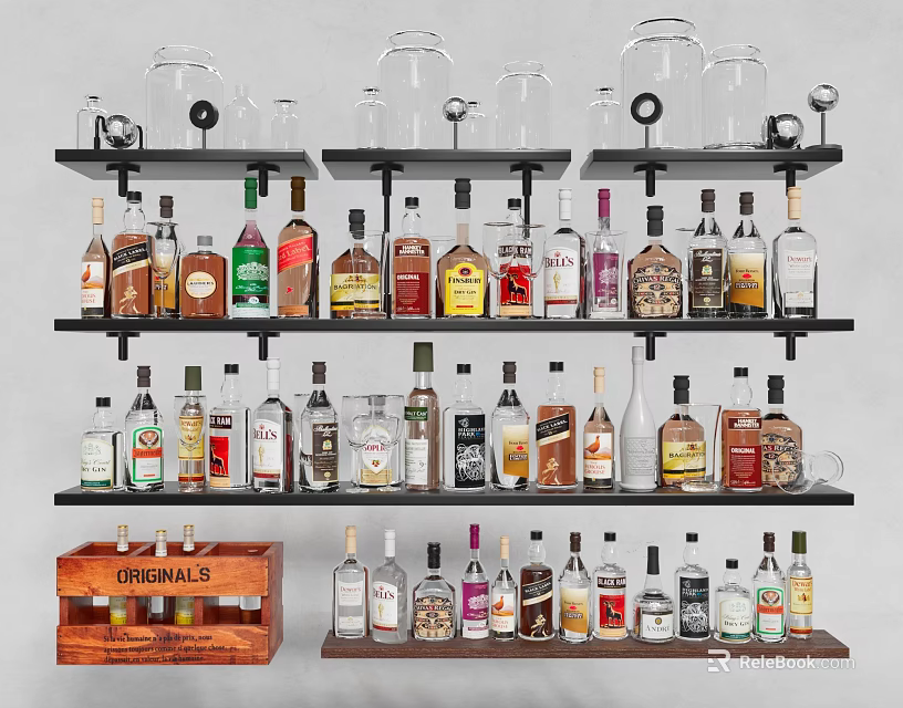 Elegant Display of Wine Bottles and Glassware on Multi Tiered Shelves 3d model 