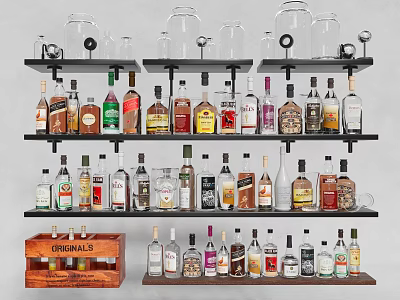 Elegant Display of Wine Bottles and Glassware on Multi Tiered Shelves 3d model