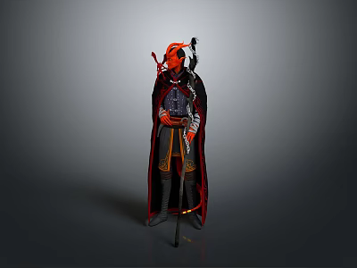 Red Masked Warrior Character Standing With Mythical Creature Beast In Dark Background 3d model