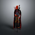 Red Masked Warrior Character Standing With Mythical Creature Beast In Dark Background