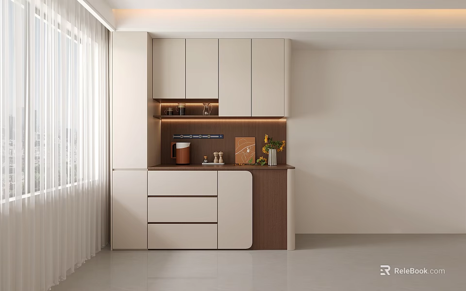 Modern Minimalist Sideboard Design With White Wood Cabinet And LED Lighting 3d model 