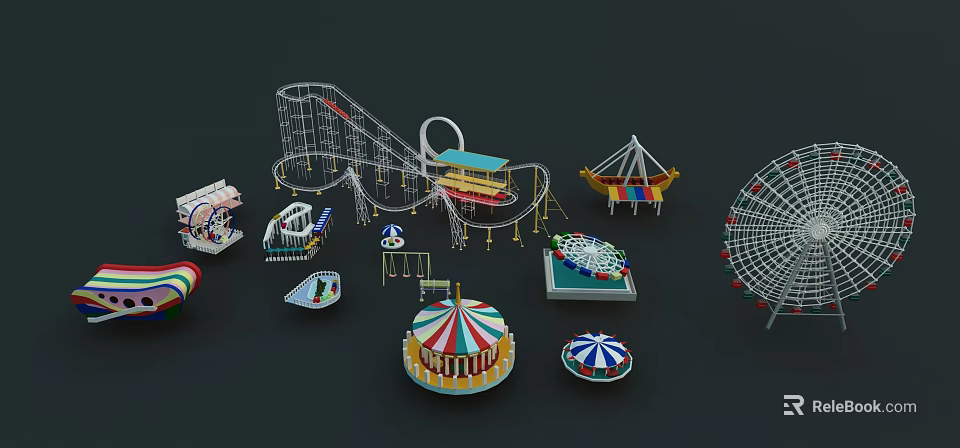 Various Colorful Amusement Park Rides With Roller Coaster Ferris Wheel And Carousel 3d model 