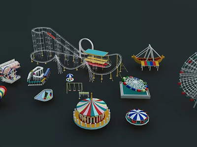 Various Colorful Amusement Park Rides With Roller Coaster Ferris Wheel And Carousel 3d model