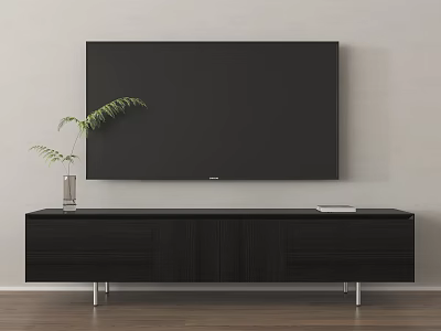 Modern Black TV Stand With Vase Green Plant And Tablet On Light Wall Wooden Floor 3d model