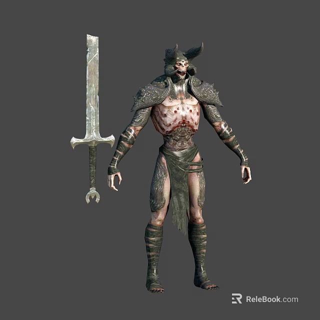 Fantasy Warrior Creature In Spiked Armor With Giant Sword Standing Pose 3d model