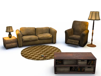 Casual Sofa Set With Loveseat Armchair Coffee Table Side Table Lamps And Checkered Rug 3d model