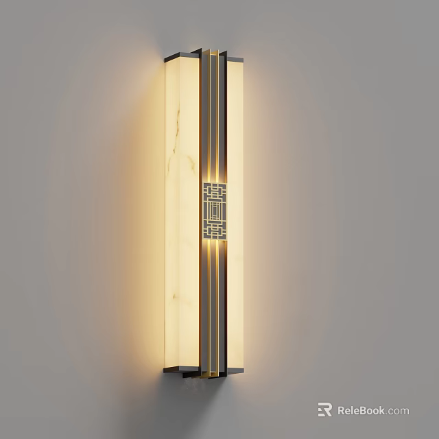 Contemporary Chinese Wall Sconce With Vertical Metal Frame And Fretwork Pattern Warm Light Glass Shade 3d model 