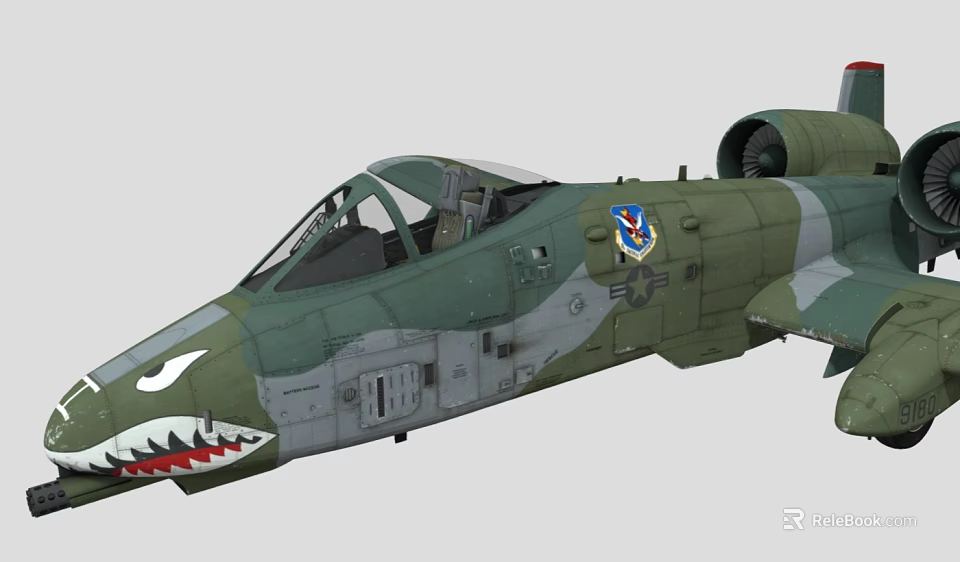 Military Fighter Jet With Camouflage Paint Shark Mouth Design And Cockpit Emblem 3d model 