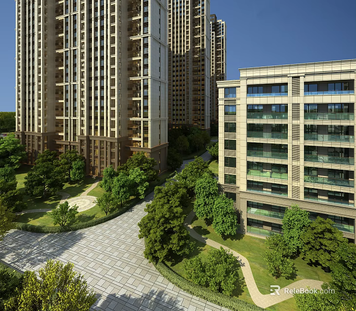 Aerial View Planning of Modern Residential Area With Tall Buildings Low Rise Structures and Greenery 3d model 
