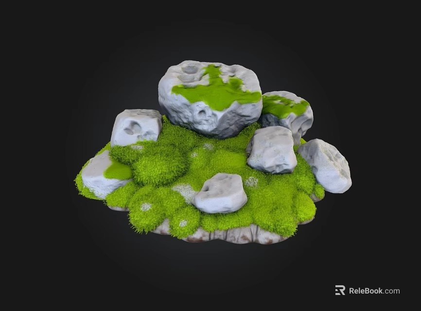 Natural Stone Arrangement on Wooden Base with Green Moss and Small Rocks 3d model 