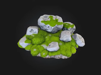 Natural Stone Arrangement on Wooden Base with Green Moss and Small Rocks 3d model