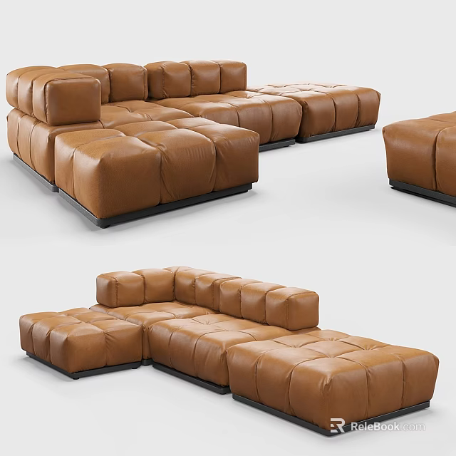 Modern Brown Leather Sectional Sofa Set With Modular Ottoman Pieces 3d model