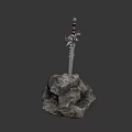 Silver Decorative Sword with Ornate Hilt Embedded in Rock on Dark Background