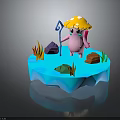 Cute Pink Cartoon Creature With Yellow Mushroom Hat Holding Cane On Platform With Colorful Stones And Grass