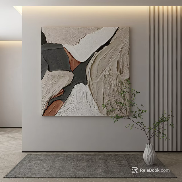 Textured Abstract Painting In Neutral Tones On Modern Wall With White Vase And Plant 3d model 