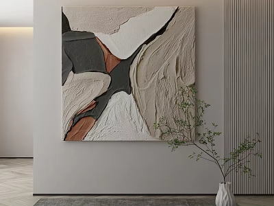 Textured Abstract Painting In Neutral Tones On Modern Wall With White Vase And Plant 3d model