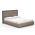 Sleek Modern Double Bed With Tufted Upholstered Beige Headboard Dark Trim And White Mattress