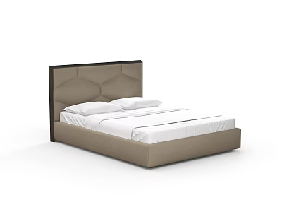 Sleek Modern Double Bed With Tufted Upholstered Beige Headboard Dark Trim And White Mattress 3d model