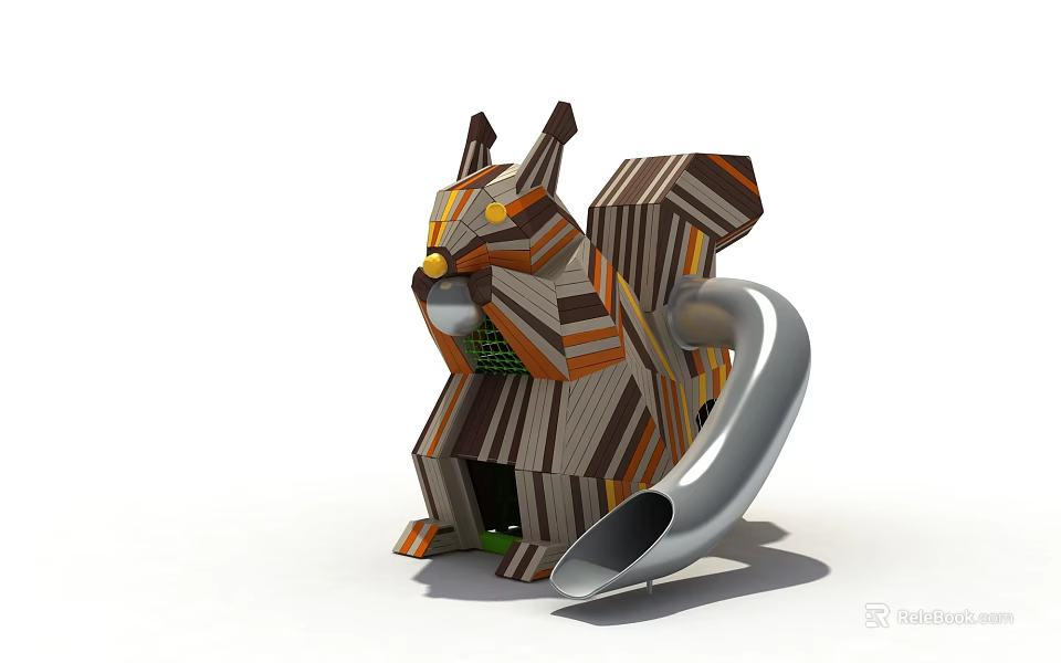 Colorful Striped Squirrel Model With Geometric Design And Silver Tube 3d model 