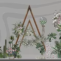 Floral Display with Golden Triangular Frame Green Plants Pink White Flowers and LOVE Decor Elements