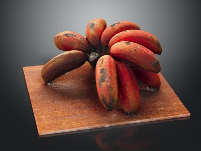 Bunch of Fresh Red and Yellow Bananas on Wooden Cutting Board 3d model