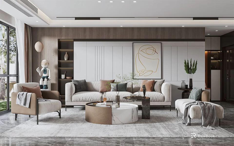 Modern Living Room Interior With Sofa Throw Pillows Round Coffee Table And Decorative Painting 3d model 