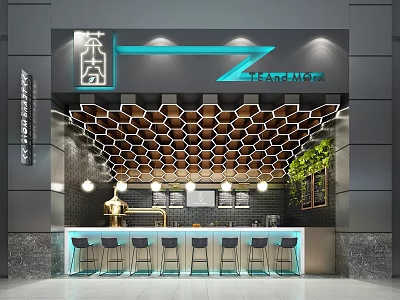 Modern Milk Tea Shop Interior With Hexagonal Ceiling Bar Counter And Green Plants 3d model