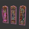 Intricately Carved Stained Glass Windows With Religious Artwork And Detailed Patterns