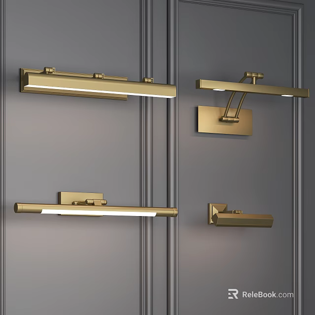 Sleek Modern Wall Sconces In Gold Finish With Various Designs On Grey Wall 3d model 