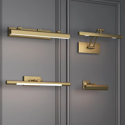 Sleek Modern Wall Sconces In Gold Finish With Various Designs On Grey Wall 3d model