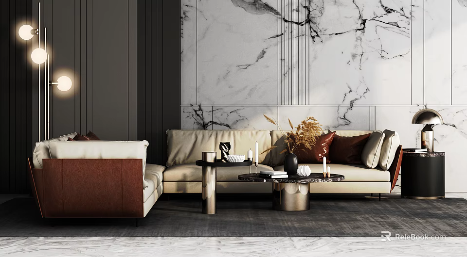 Elegant Modern Sectional Sofa With Beige Brown Upholstery And Marble Wall 3d model