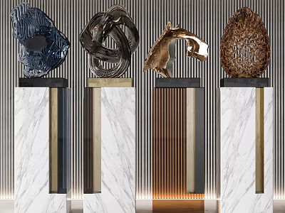 Modern Artistic Sculptures On Marble Pedestals With Abstract Curved Designs 3d model