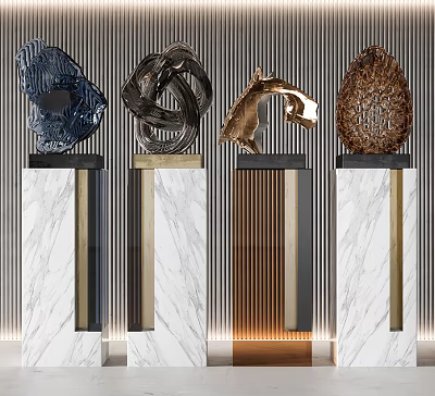 Modern Artistic Sculptures On Marble Pedestals With Abstract Curved Designs 3d model