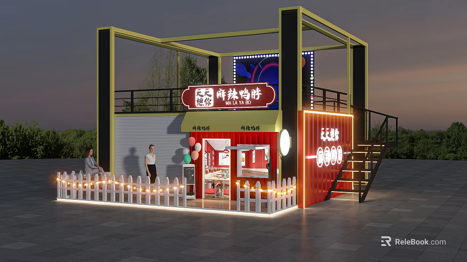 Container Building as Snack Shop with Neon Lights Staircase and Outdoor Decorations 3d model 