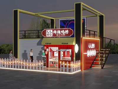 Container Building as Snack Shop with Neon Lights Staircase and Outdoor Decorations 3d model