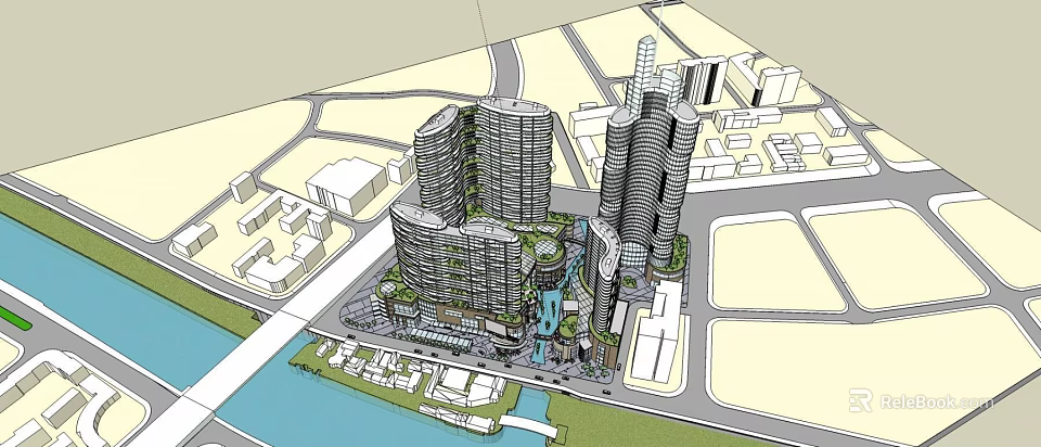 Modern Hotel Building Complex With Tall Structures Greenery Waterfront And Commercial Amenities 3d model 