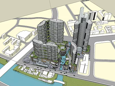 Modern Hotel Building Complex With Tall Structures Greenery Waterfront And Commercial Amenities 3d model