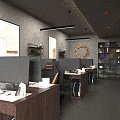 Public Office Space with Gray Walls Black Pendant Lights Wooden Desks Computers and Green Plants