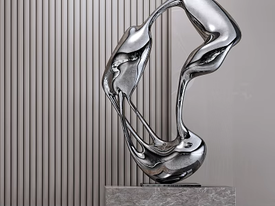 Modern Abstract Silver Metal Sculpture With Flowing Curved Design And Marble Base 3d model